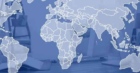 Image of world map and digital data processing over desk in office Illustrazione stock