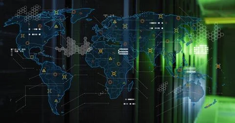 Image of world map and digital data processing over computer servers Ilustración de archivo