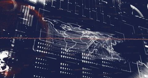 Image of world map and digital data processing over dark background Stock Illustration