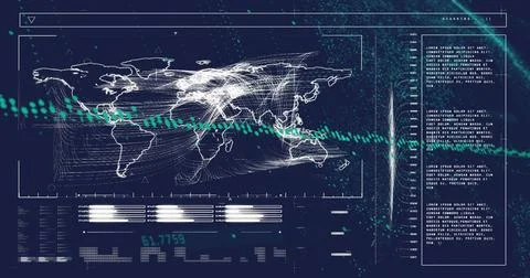 Image of world map and digital data processing over dark background Illustrazione stock
