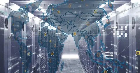 Image of world map and digital data processing over computer servers Foto stock