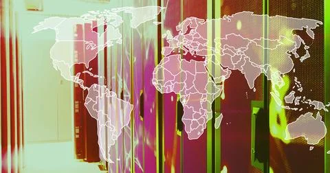 Image of world map and digital data processing over computer servers Foto stock