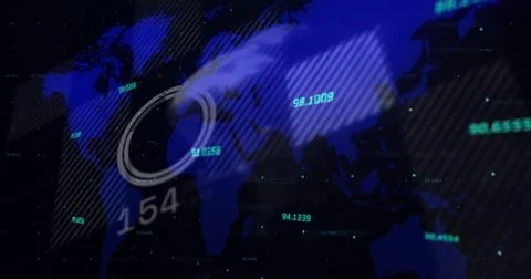 Image of world map and financial data processing over black background イラスト素材