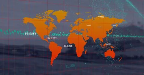 Image of world map and financial data processing over grid Illustrazione stock