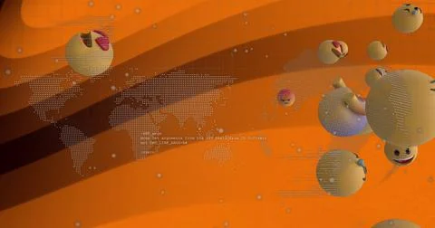 Image of world map and globe with data processing over emoji icons Stock Illustration