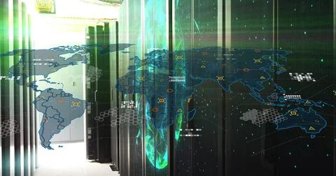 Image of world map and globe over server room 스톡 일러스트