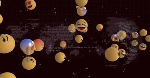 Image of world map and globe with data processing over emoji icons Foto stock