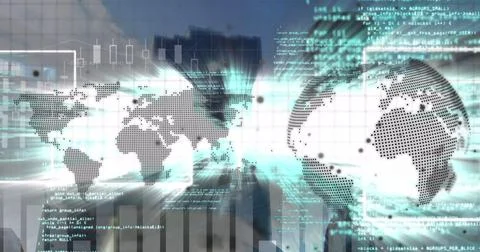 Image of world map and globe with data processing and light trails over 스톡 사진