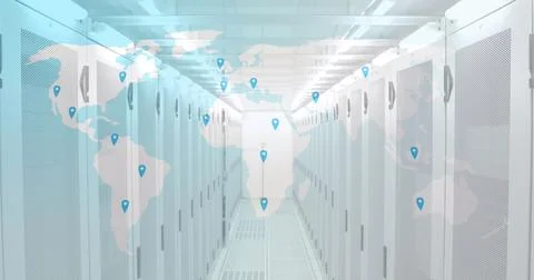 Image of world map and location marks over servers Stock Photos