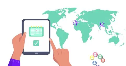 Image of world map and media icons over hands using tablet Ilustração Stock