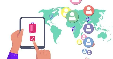 Image of world map and media icons over hands using tablet Illustrazione stock