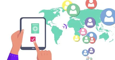 Image of world map and media icons over hands using tablet Ilustração Stock