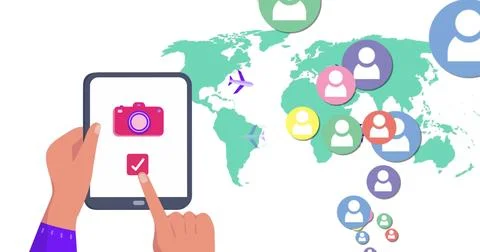 Image of world map and media icons over hands using tablet Stock Illustration