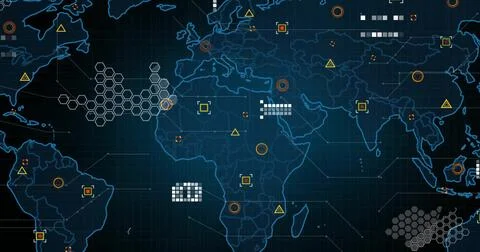 Image of world map and network of connections on black background Stock Illustration