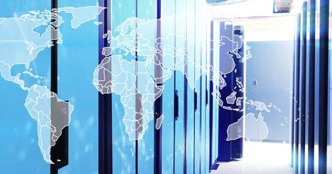 Image of world map and network of connections over server room Stock Photos