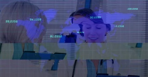 Image of world map and numbers over happy caucasian female doctor talking with Foto stock