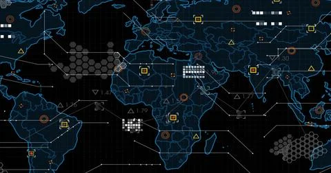 Image of world map and processing data on black background Illustrazione stock