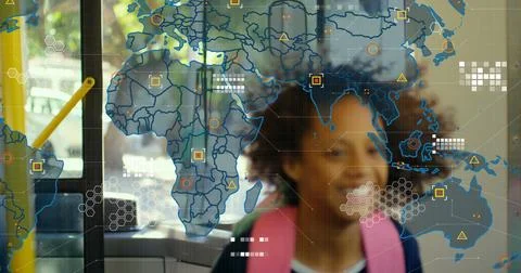 Image of world map and processing data over happy girl travelling on bus Stock Photos