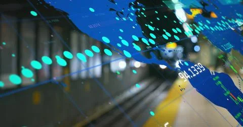 Image of world map and processing data over underground train arriving at metro 스톡 사진
