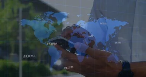 Image of world map and spots over couple using vr headset Fotos Stock