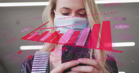 Image of world map and statistic data over caucasian female wearing face mask, Stock Photos