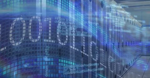 Image of world map, binary coding and data processing over empty computer server Stock Illustration