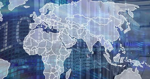 Image of world map, binary coding and data processing over empty computer server Stock Illustration