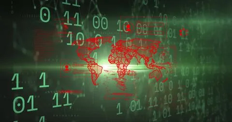 Image of world map, binary coding and data processing over computer servers Stock Illustration