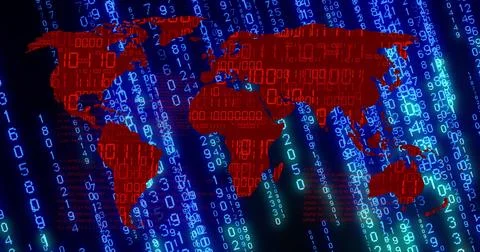 Image of world map, binary coding and data processing over black background Illustrazione stock