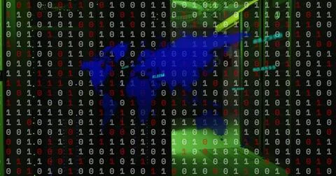 Image of world map, binary coding and data processing over computer servers 스톡 사진