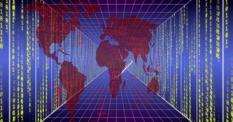 Image of world map, binary coding and data processing over dark background 库存照片
