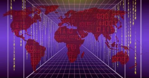 Image of world map, binary coding and data processing over computer servers Stock Photos