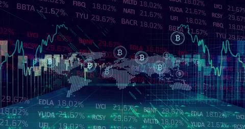 Image of world map, bitcoins and financial data over black and green background Illustrazione stock