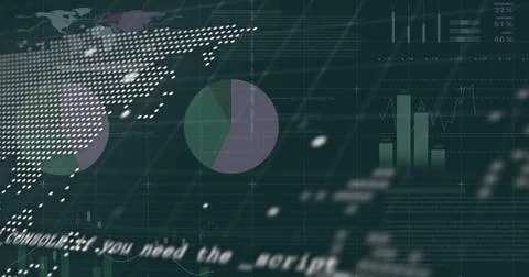 Image of world map, data, graphs and financial data on black background イラスト素材