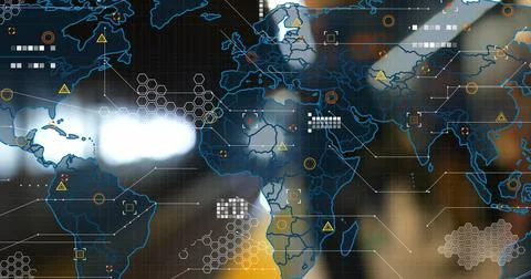 Image of world map with data processing over underground train arriving at metro Ilustração Stock