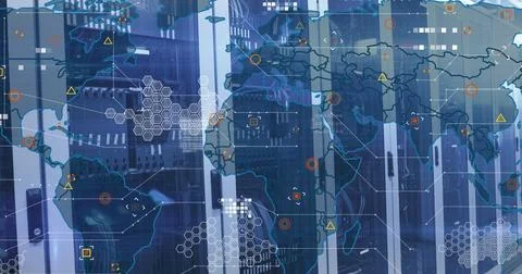 Image of world map with data processing over server room Stock Illustration