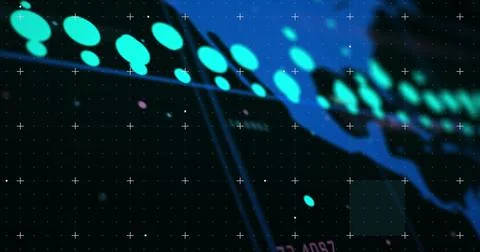 Image of world map with data processing on black background Stockillustratie