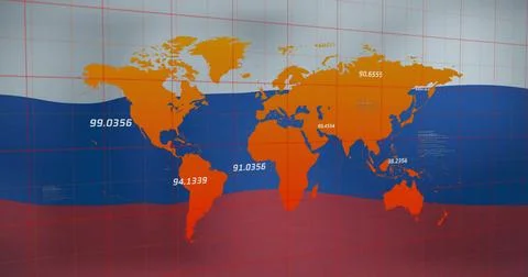 Image of world map data processing over flag of russia 스톡 일러스트
