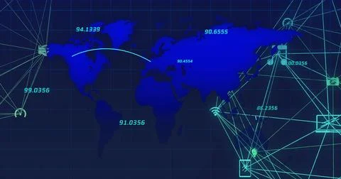Image of world map with data processing over network of connections with icons Stock Illustration