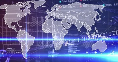 Image of world map, data processing and lights on violet background Stock Photos