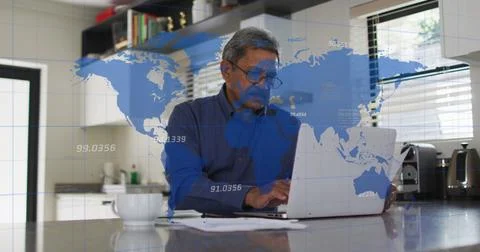 Image of world map with data processing over senior biracial man using laptop Stock Photos
