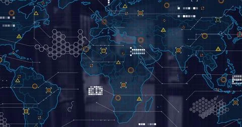 Image of world map with data processing over dark background Stock Photos