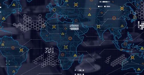 Image of world map with data processing over dark background Stock Photos