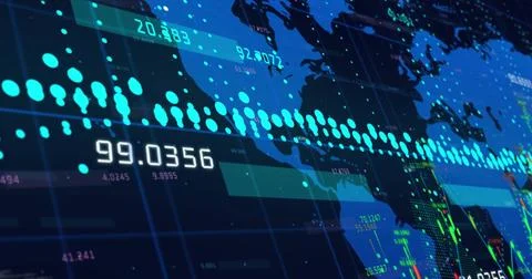 Image of world map with data processing over dark background 스톡 사진
