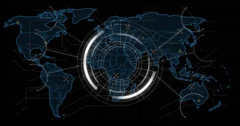 Image of world map on data processing and scope scanning on black background Foto stock