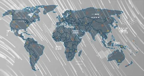 Image of world map with data processing over light trails on grey background Foto stock