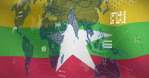 Image of world map with digital data elements on colorful flag-themed background 库存插图