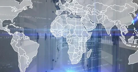Image of world map with digital data processing over computer servers Stock Photos
