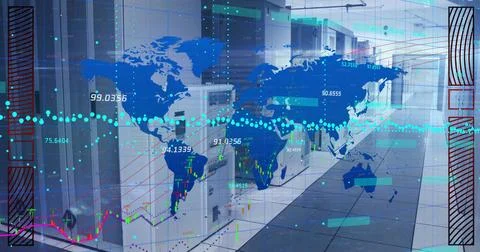 Image of world map, digital data processing over computer servers Stock Photos