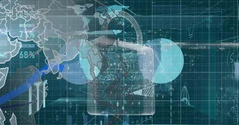 Image of world map, digital padlock and financial data over green background Illustrazione stock